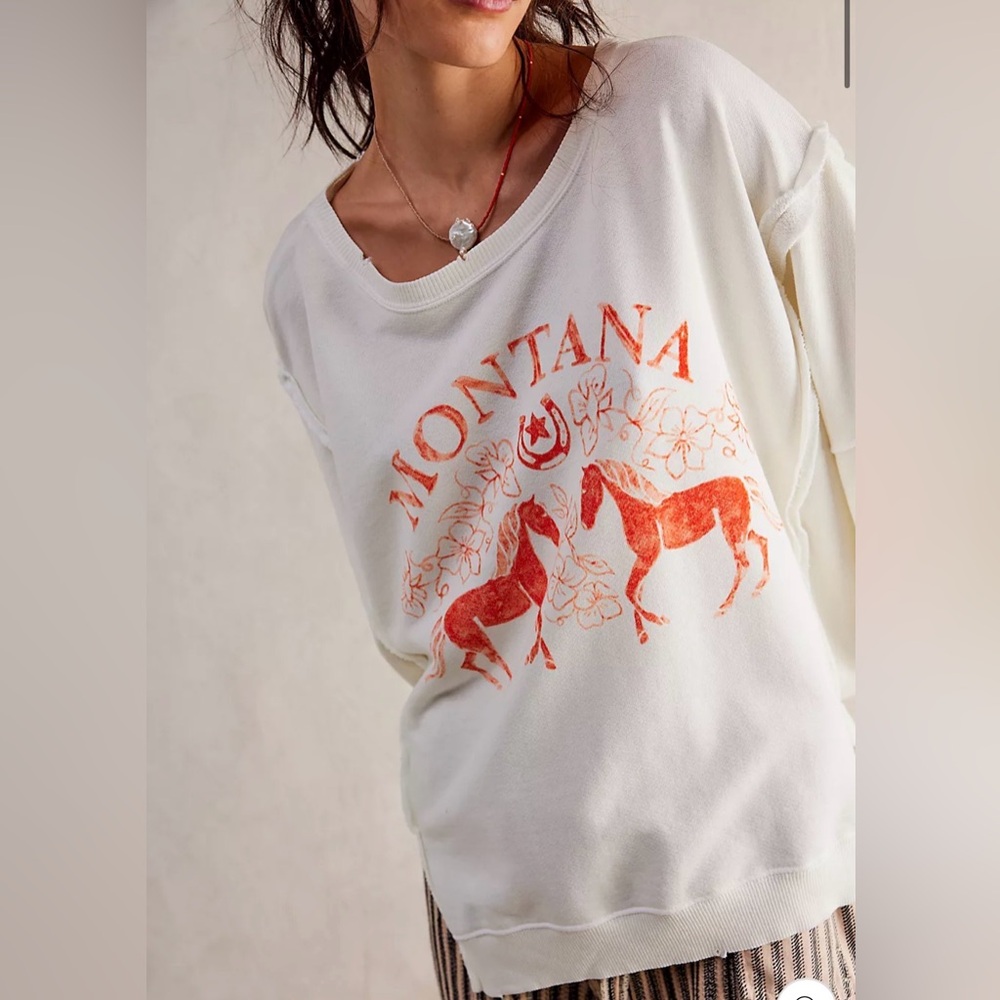 We The Free Cream Montana Graphic Pullover Sweatshirt with Orange Print